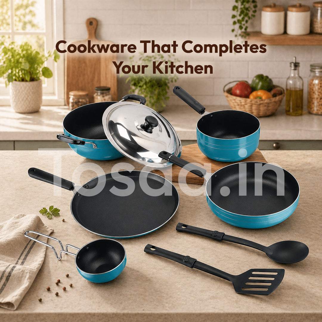Tosaa Popular Nonstick Cookware 8 Pcs Gift Set Amber Includes 1 -Flat Tawa, 1- Kadhai, 1 -Frying pan, 1- Sauce pan, 1 - Tadka pan, 1 - Stainless Steel Lid, 2 - Spatula