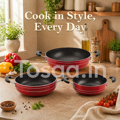 Nonstick Cookware Kadhai Gift Set of 3 Pcs, Brown Red, Standard (TP3KSBR),230, 180, 160 Mm