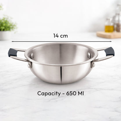 TOSAA TRIPLY MINI KADHAI, Mini Triply Kadhai – 3 Layer Base,Ideal for Frying, Tadka,Compact & Heavy Duty | Induction Base | Multipurpose Cookware,MIXING SMALL QTY,MAKING SMALL QTY HALWA