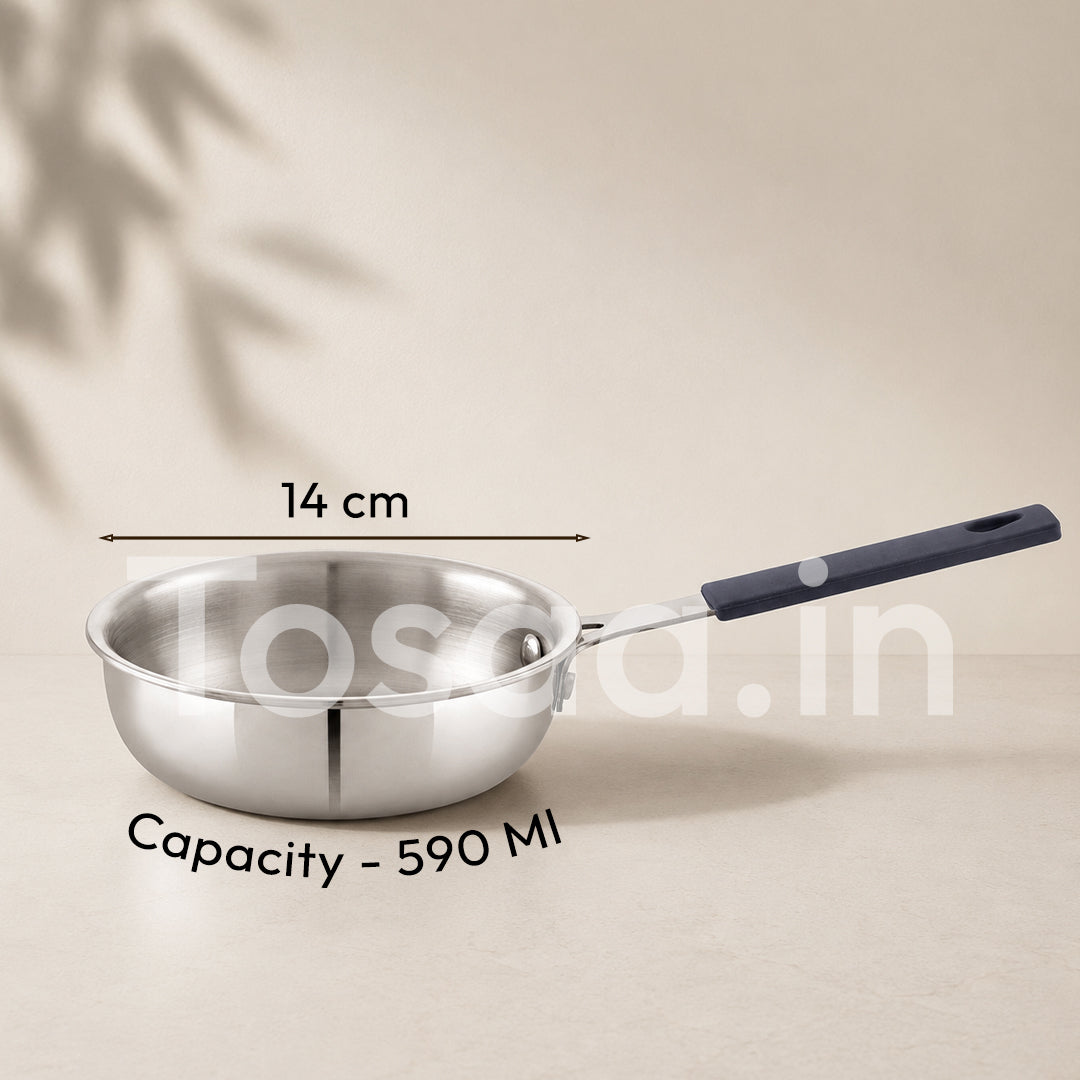TOSAA TRIPLY MINI FRY PAN- 3-Ply Stainless Steel | Small Non-Stick Frying Pan | Induction & Gas Compatible,Mini Triply Fry Pan for Everyday Cooking | Non-Reactive Steel,Use for TADKA