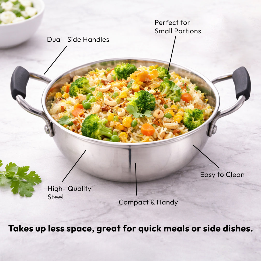 TOSAA TRIPLY MINI KADHAI, Mini Triply Kadhai – 3 Layer Base,Ideal for Frying, Tadka,Compact & Heavy Duty | Induction Base | Multipurpose Cookware,MIXING SMALL QTY,MAKING SMALL QTY HALWA