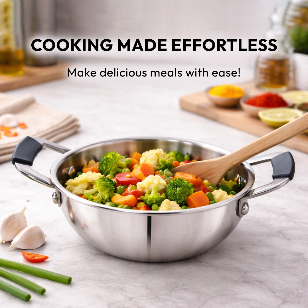 TOSAA TRIPLY MINI KADHAI, Mini Triply Kadhai – 3 Layer Base,Ideal for Frying, Tadka,Compact & Heavy Duty | Induction Base | Multipurpose Cookware,MIXING SMALL QTY,MAKING SMALL QTY HALWA