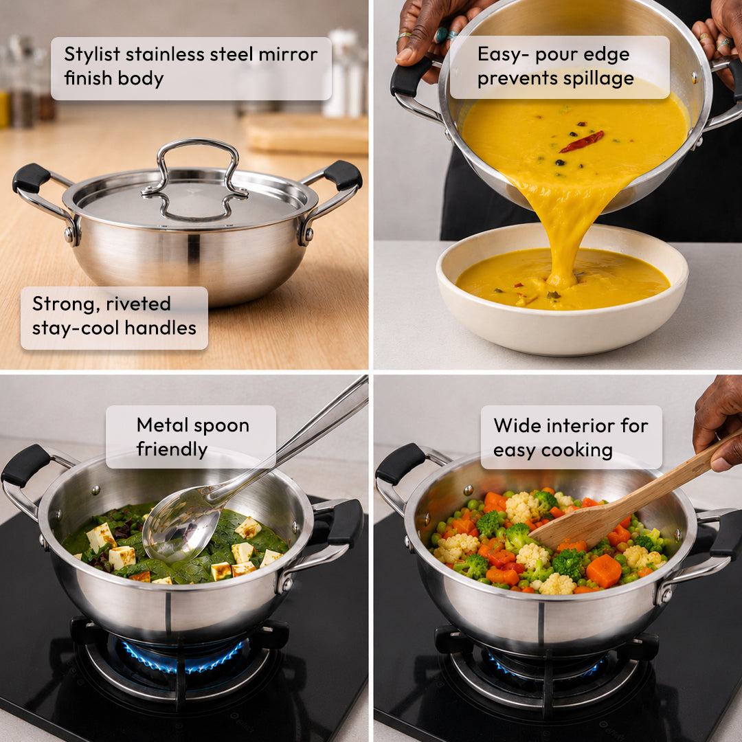 TOSAA TRIPLY MINI KADHAI, Mini Triply Kadhai – 3 Layer Base,Ideal for Frying, Tadka,Compact & Heavy Duty | Induction Base | Multipurpose Cookware,MIXING SMALL QTY,MAKING SMALL QTY HALWA