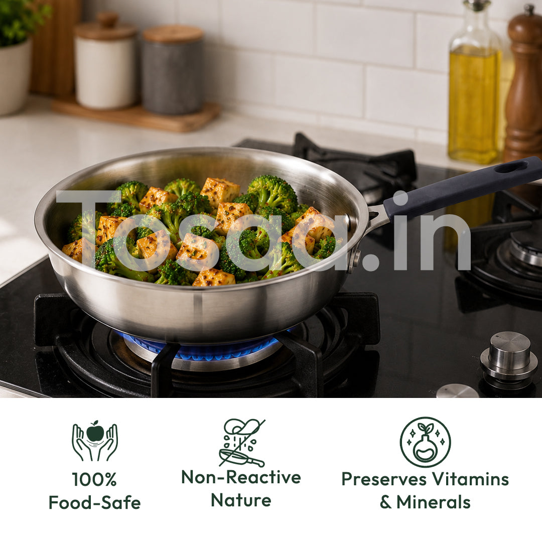 TOSAA TRIPLY MINI FRY PAN- 3-Ply Stainless Steel | Small Non-Stick Frying Pan | Induction & Gas Compatible,Mini Triply Fry Pan for Everyday Cooking | Non-Reactive Steel,Use for TADKA